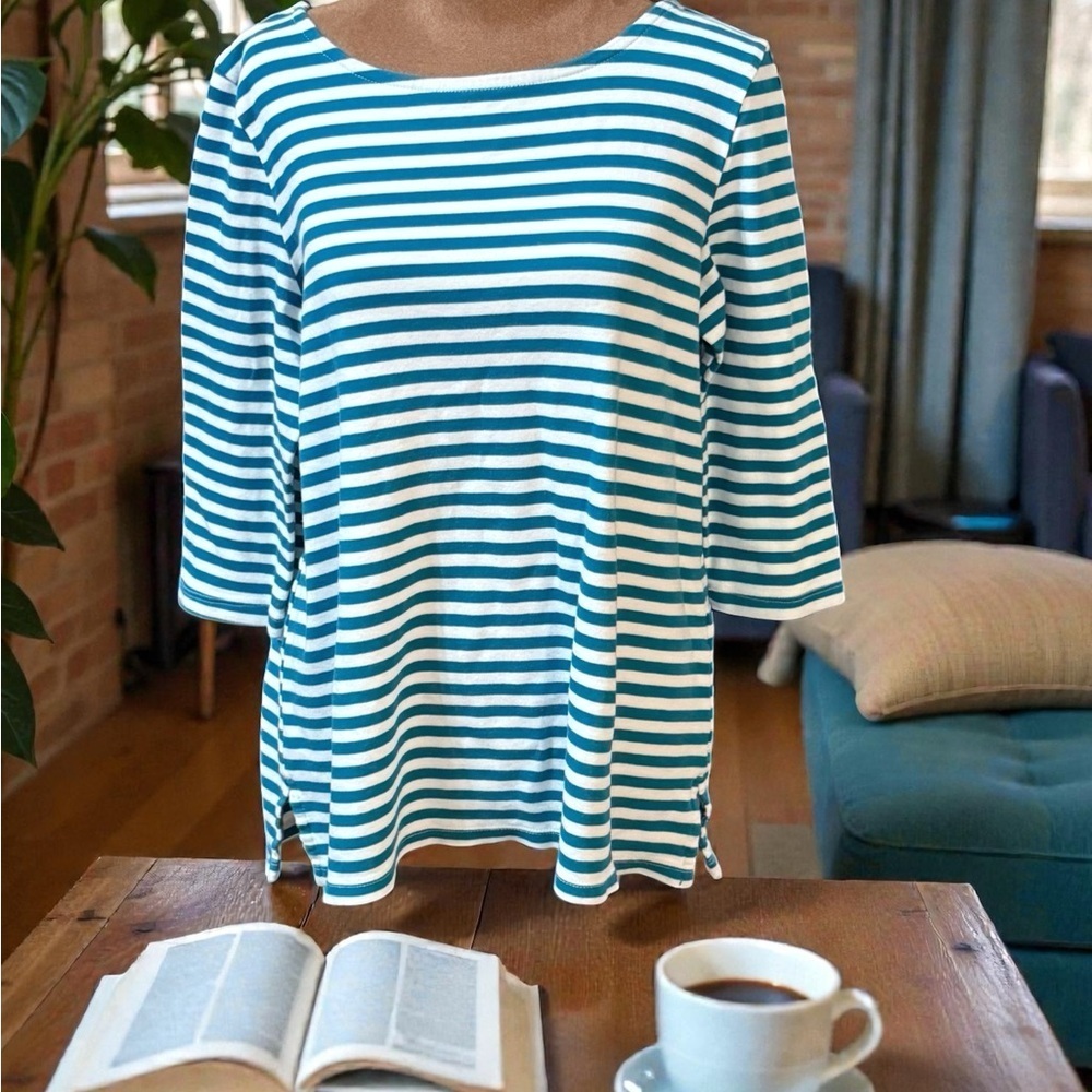 Lands' End Women's Teal and White Striped Long Sleeve Top